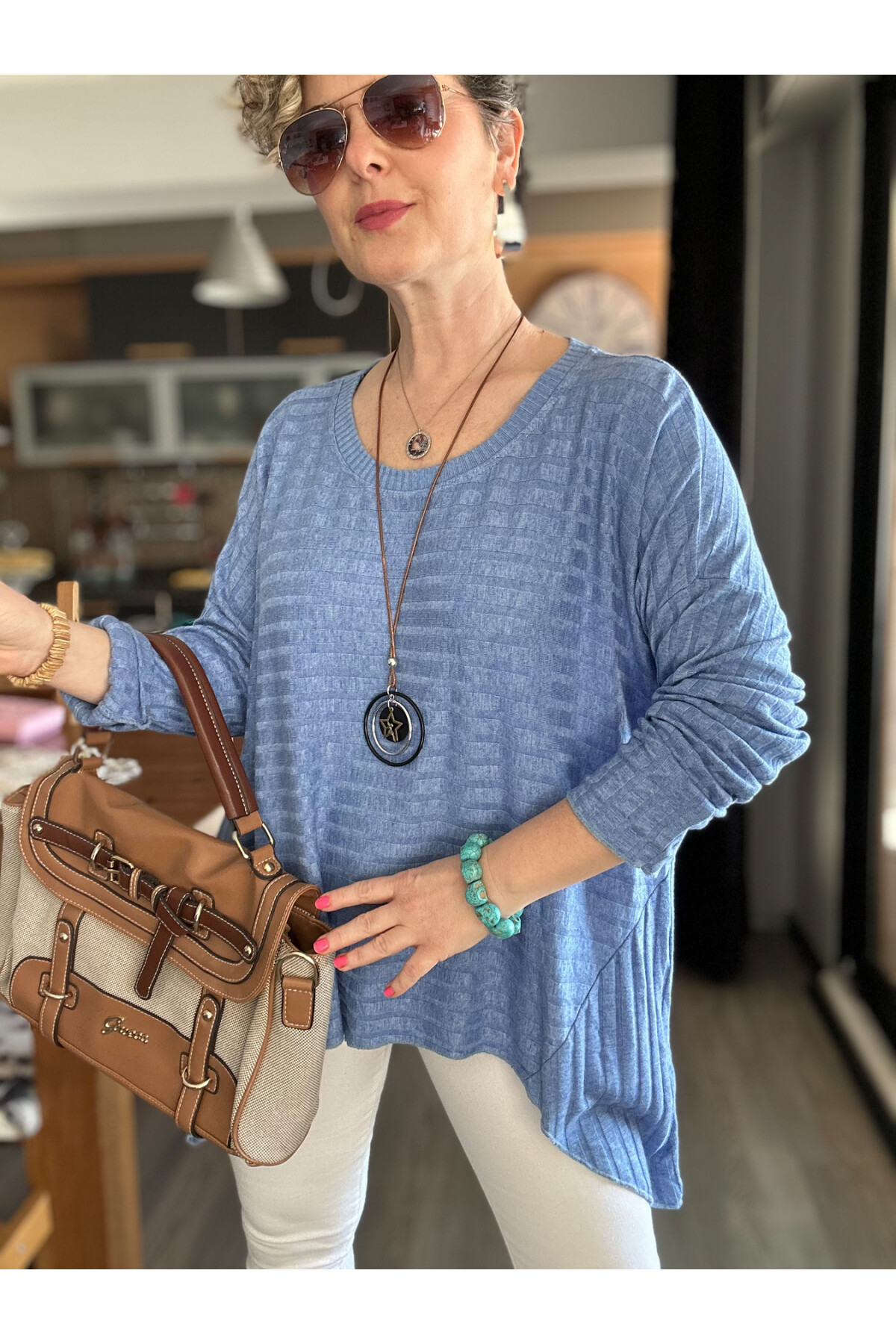 Pelle İtalyan Kolyeli Fitil Desen Bluz İndigo