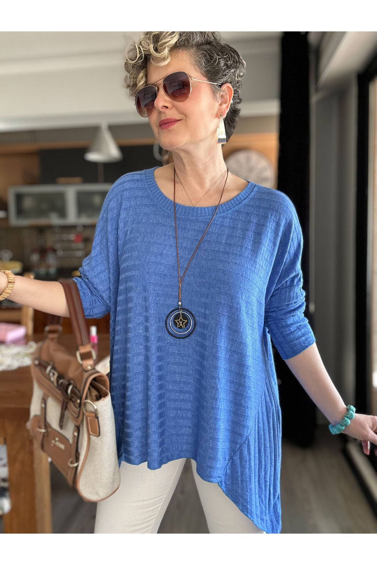 Pelle İtalyan Kolyeli Fitil Desen Bluz Sax