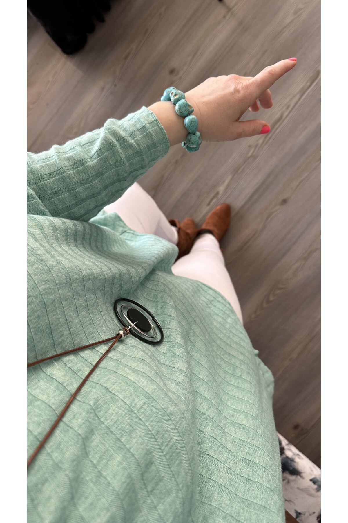 Pelle İtalyan Kolyeli Fitil Desen Bluz Su Yeşili