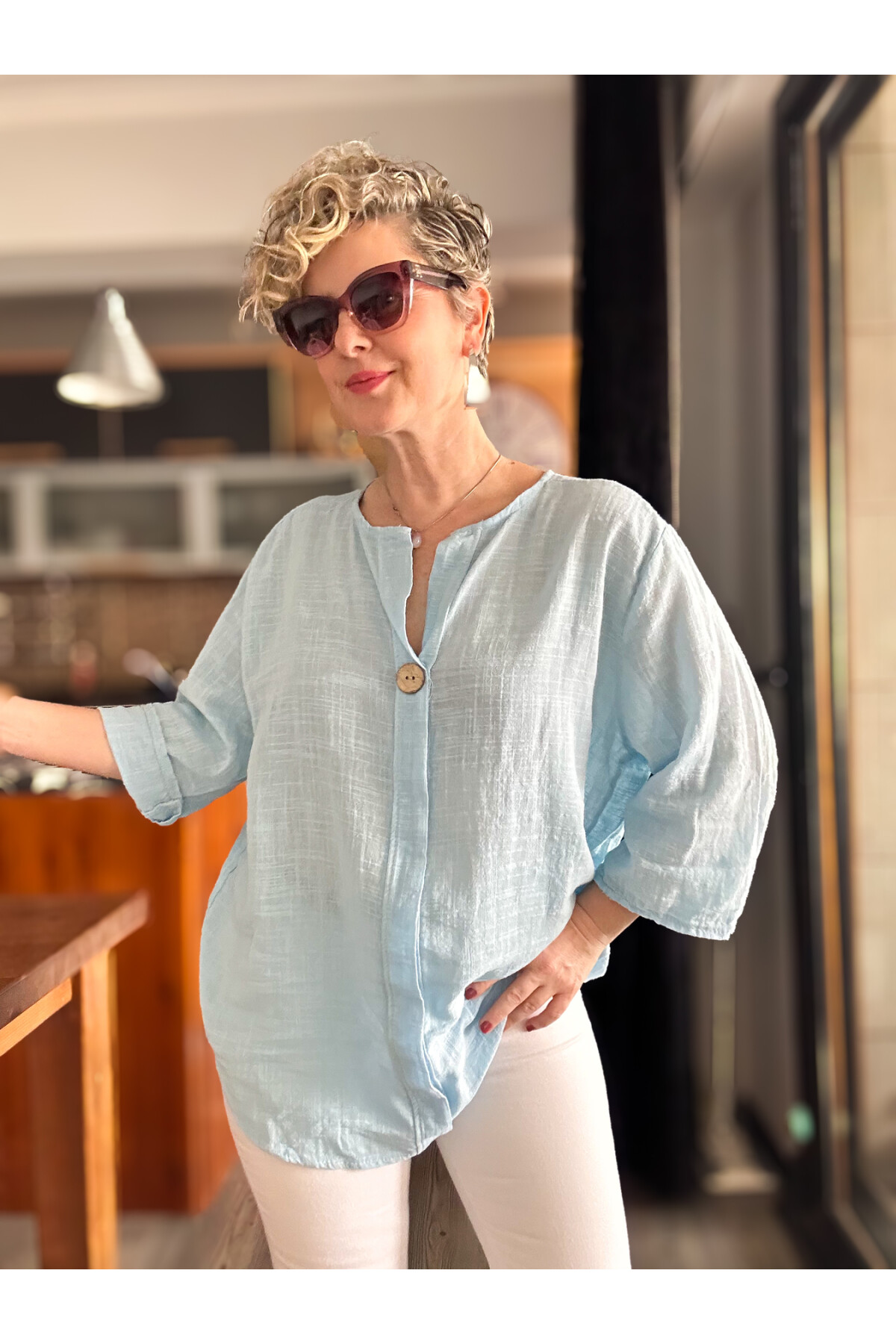 Peppino İtalyan Tahta Düğme Detay Bluz Bebe Mavi