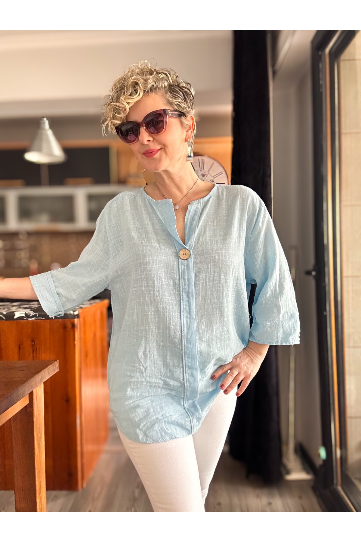 Peppino İtalyan Tahta Düğme Detay Bluz Bebe Mavi