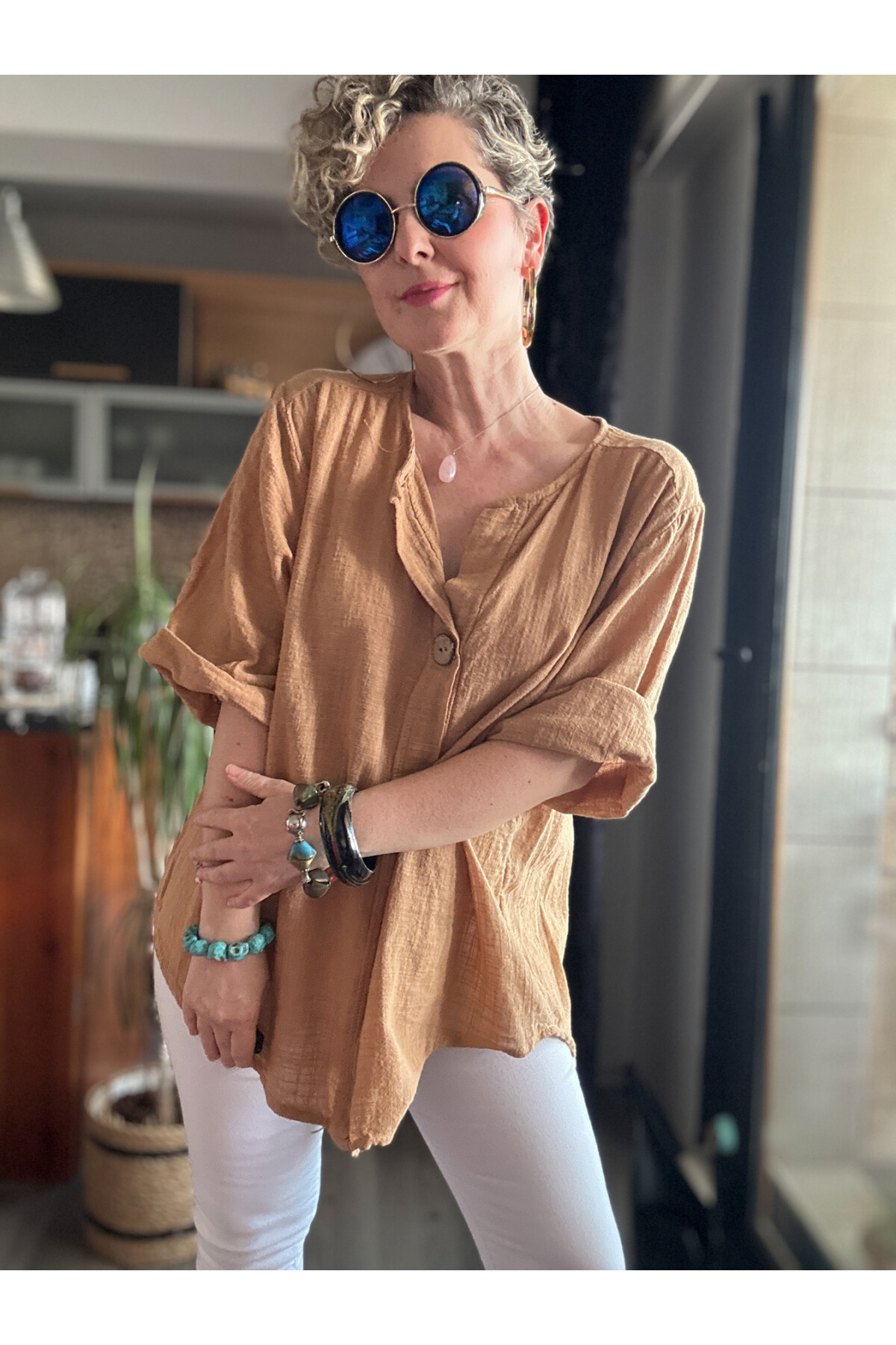 Peppino İtalyan Tahta Düğme Detay Bluz Cappucino