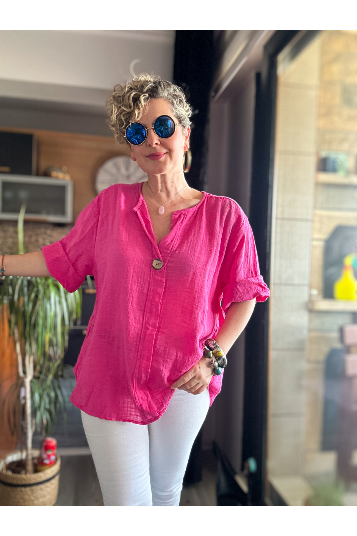 Peppino İtalyan Tahta Düğme Detay Bluz Fuşya