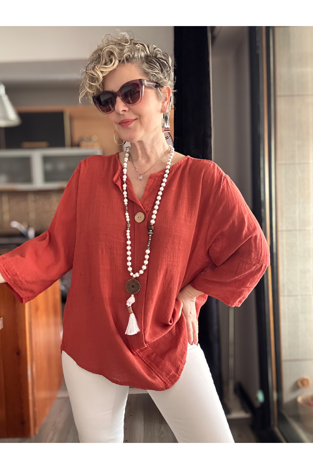 Peppino İtalyan Tahta Düğme Detay Bluz Kiremit