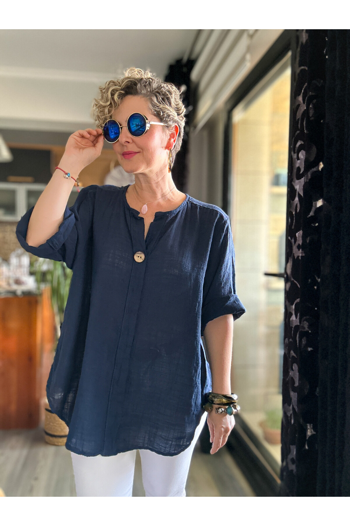 Peppino İtalyan Tahta Düğme Detay Bluz Lacivert