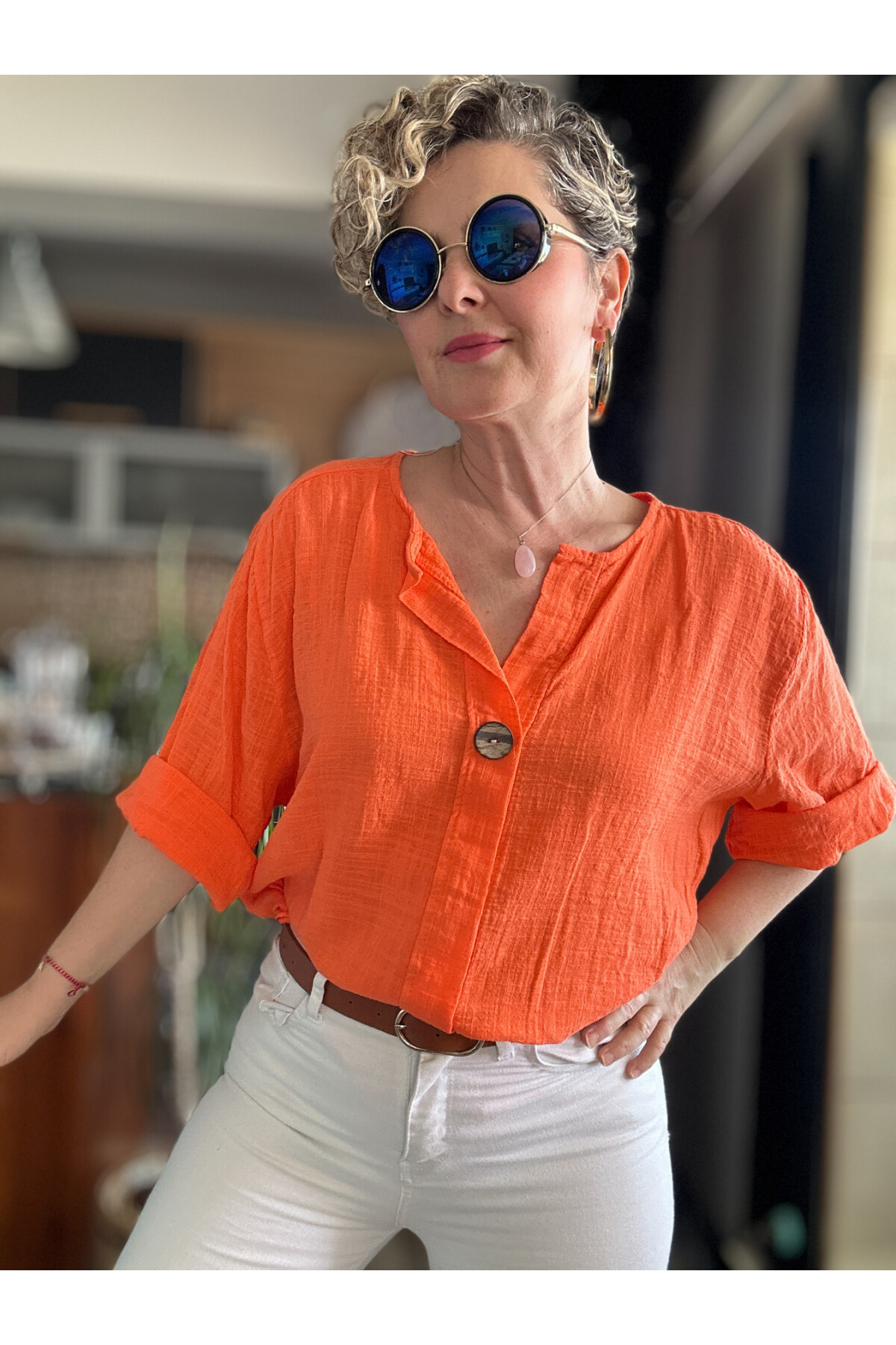 Peppino İtalyan Tahta Düğme Detay Bluz Orange
