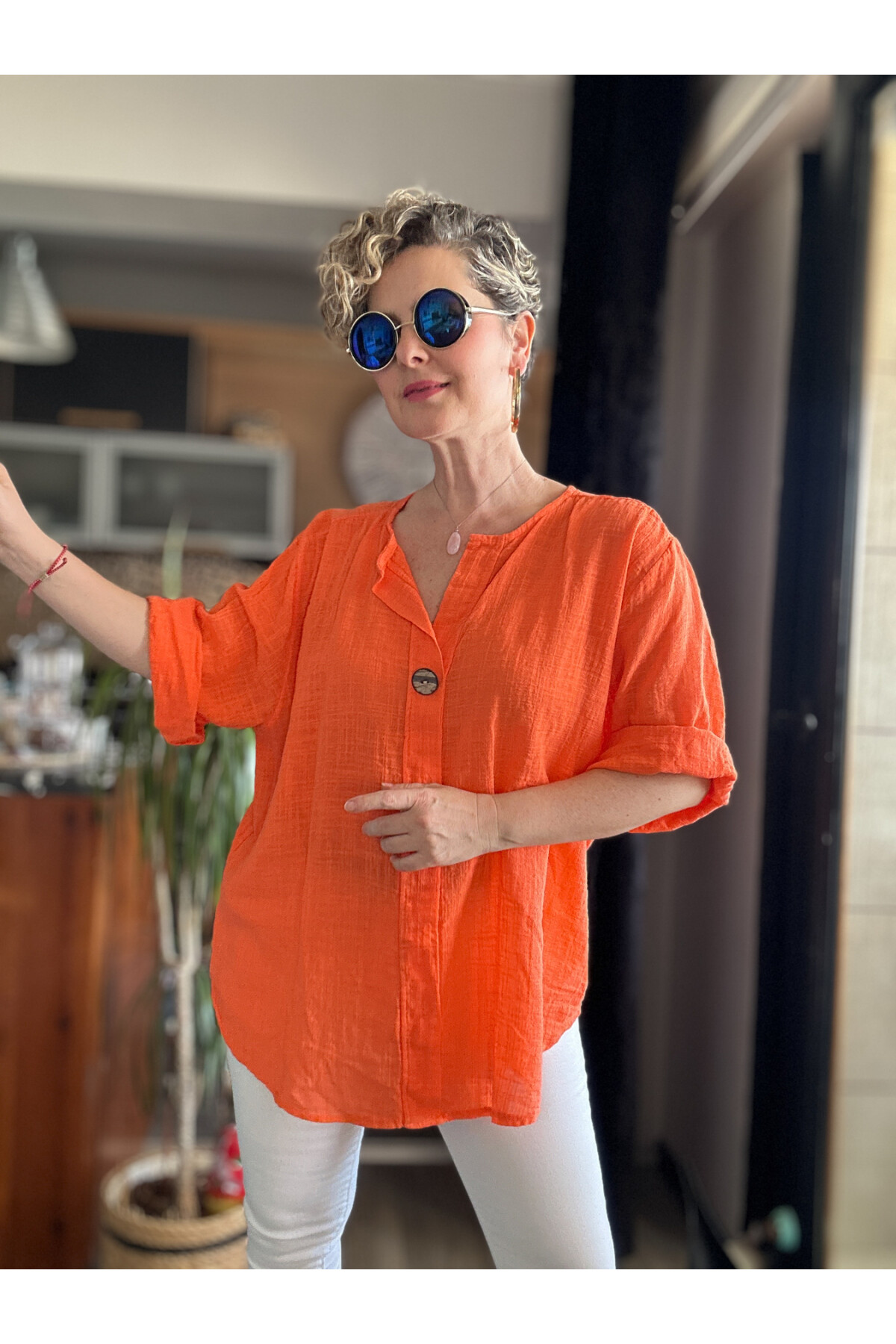 Peppino İtalyan Tahta Düğme Detay Bluz Orange