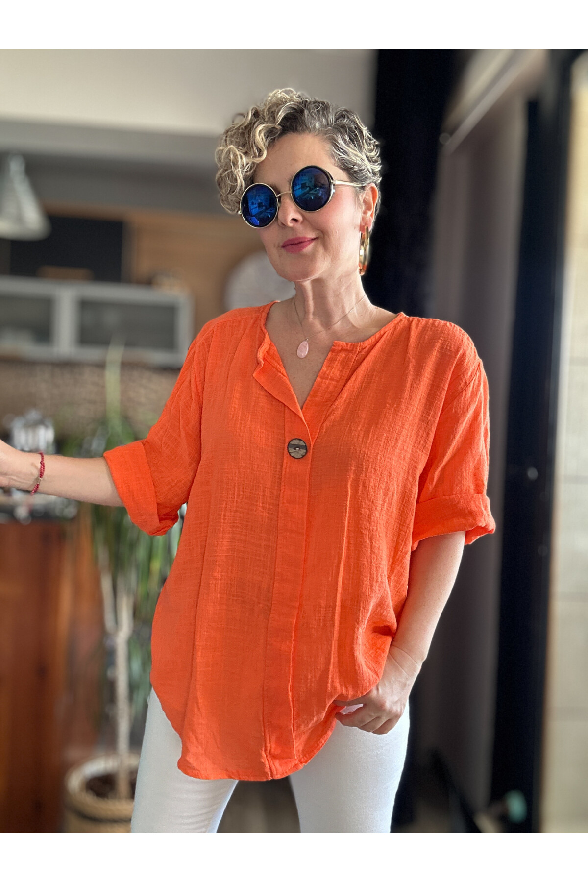 Peppino İtalyan Tahta Düğme Detay Bluz Orange