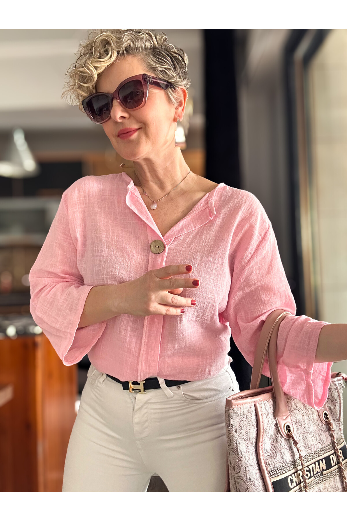 Peppino İtalyan Tahta Düğme Detay Bluz Pembe