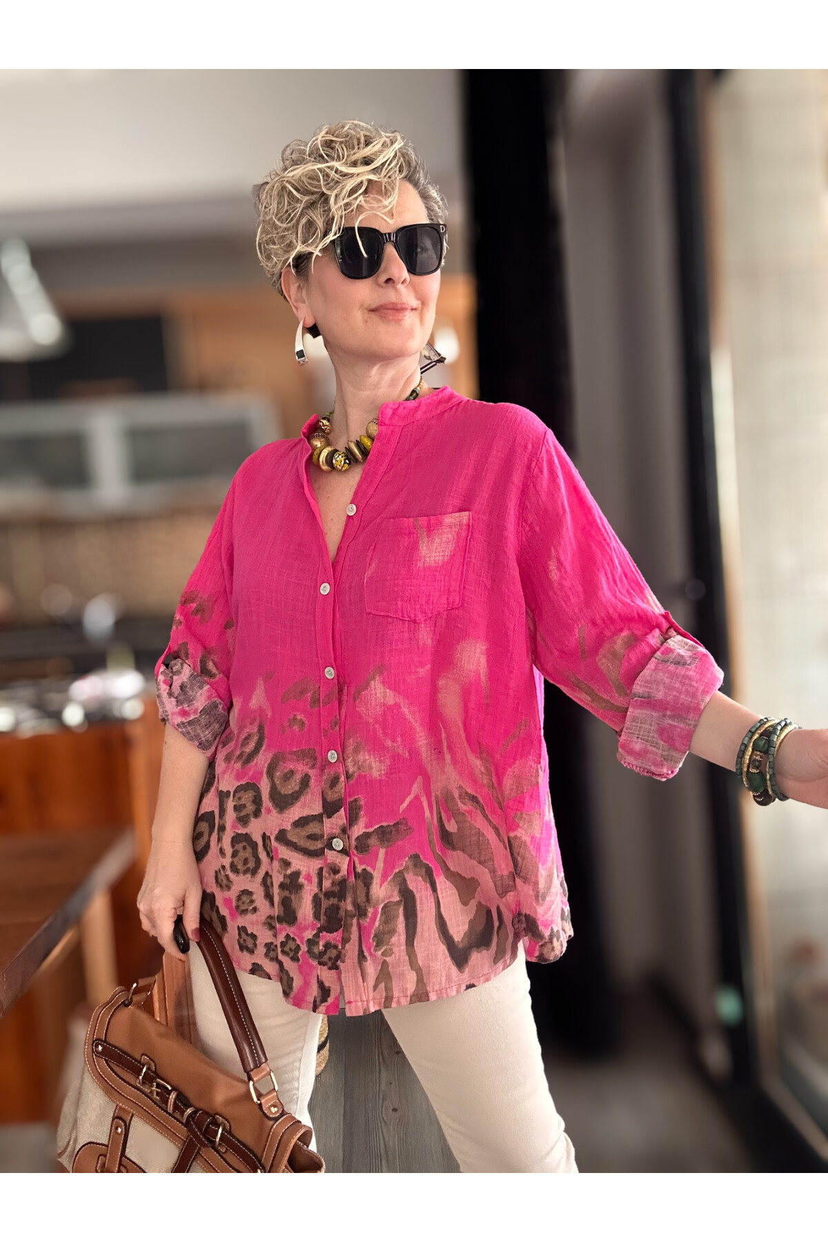 Pezzi VİP Leopar Desen İtalyan Gömlek Fuşya