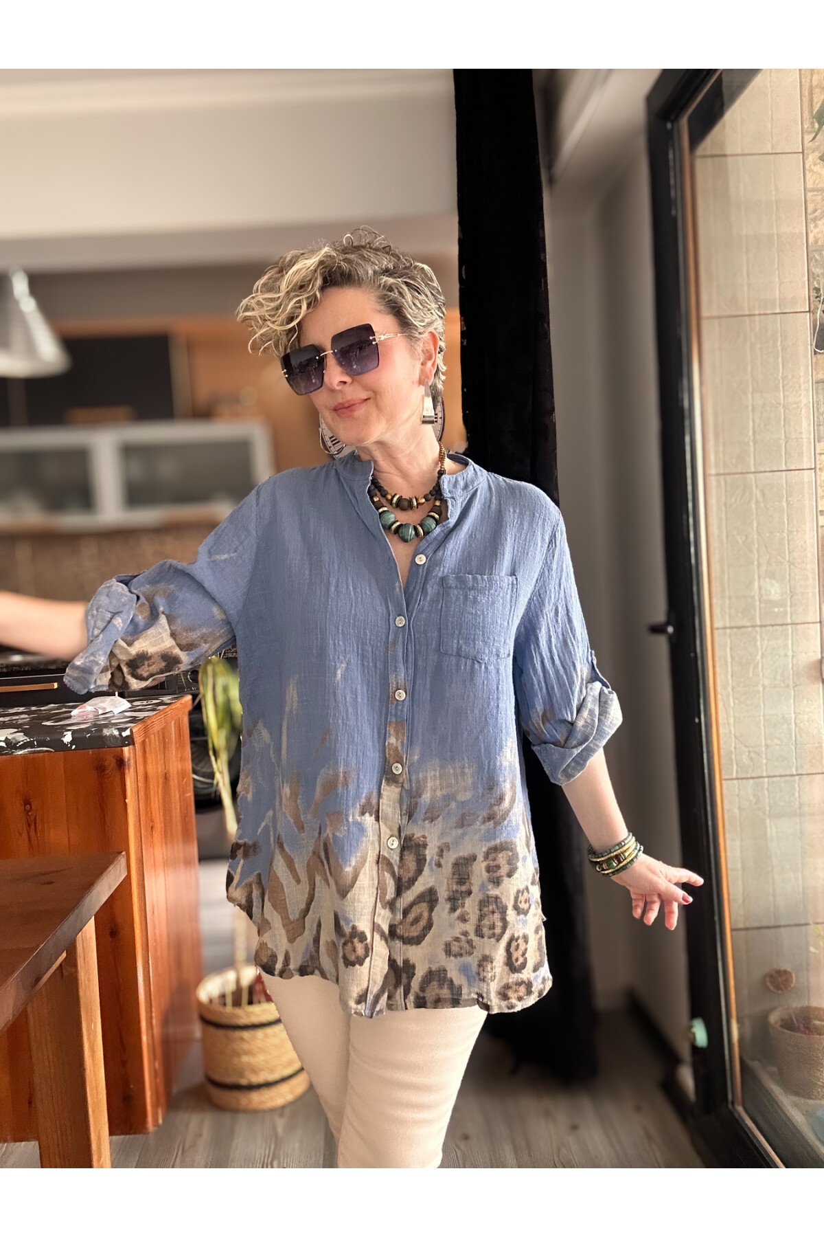 Pezzi VİP Leopar Desen İtalyan Gömlek İndigo Mavi