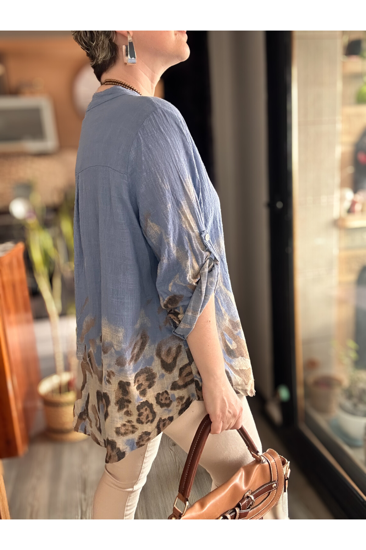 Pezzi VİP Leopar Desen İtalyan Gömlek İndigo Mavi