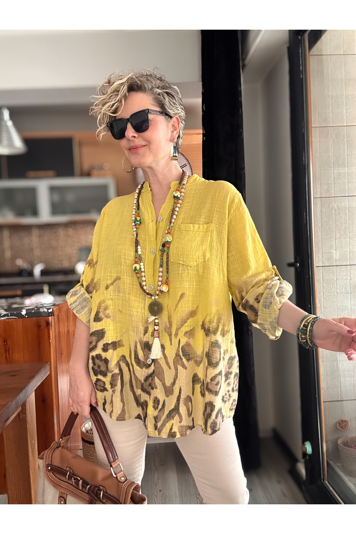 Pezzi VİP Leopar Desen İtalyan Gömlek Sarı