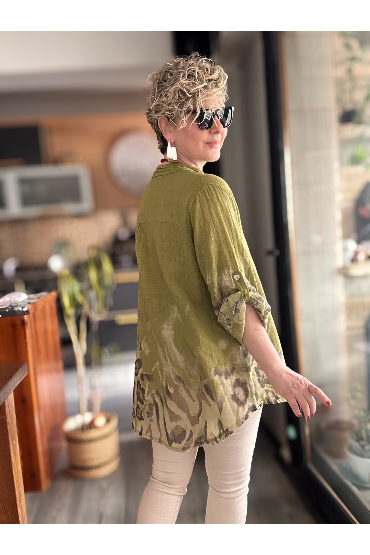 Pezzi VİP Leopar Desen İtalyan Gömlek Yağ Yeşil