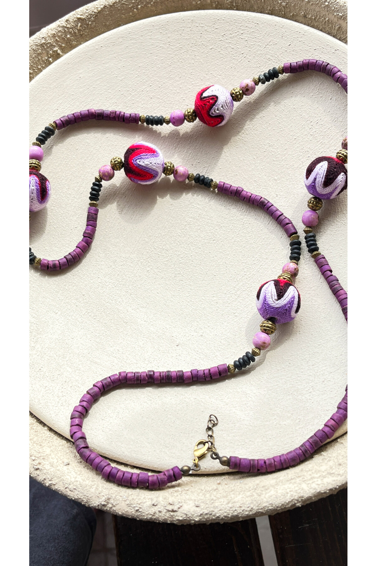 Pins Doğal Taş Detay Etnik Kolye Mor