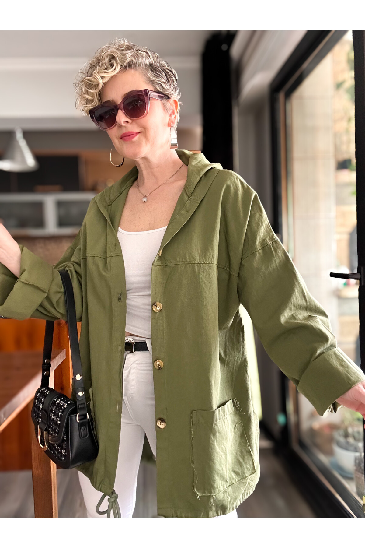 Pizza Tasarım Kapşonlu Sırt Pul Detay Ceket Haki