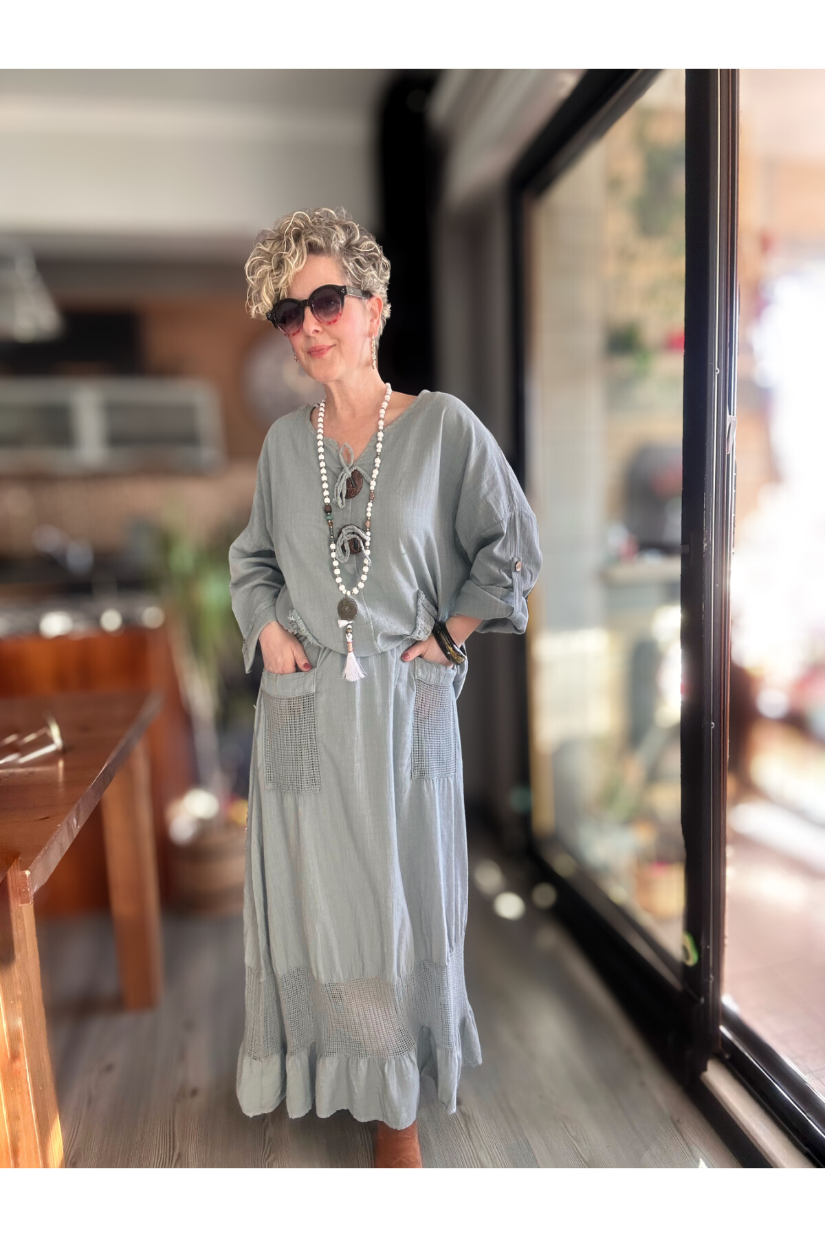 Pronto Vip Tasarım File Detay Etek Bluz Takım Gri