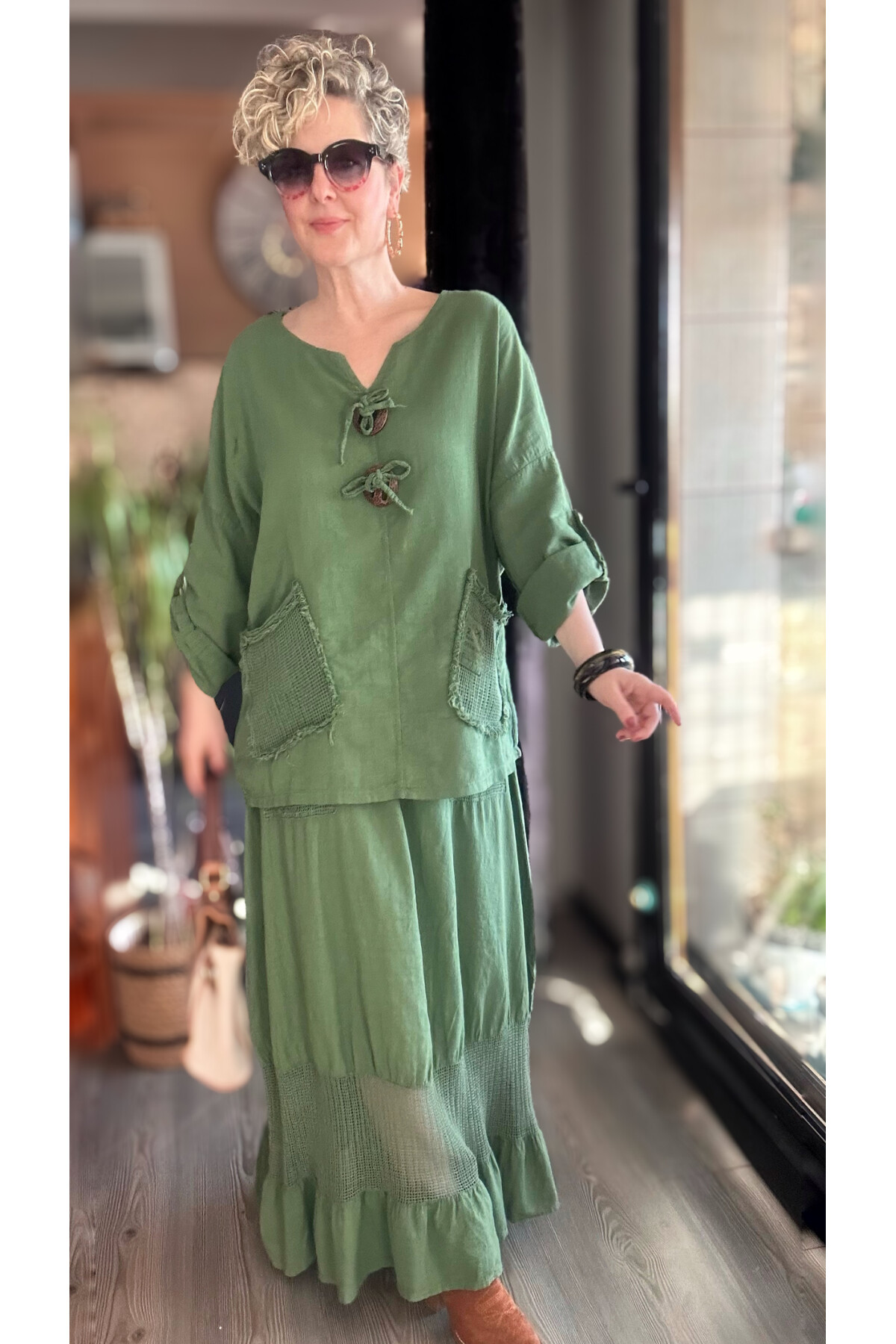 Pronto Vip Tasarım File Detay Etek Bluz Takım Haki Yeşil