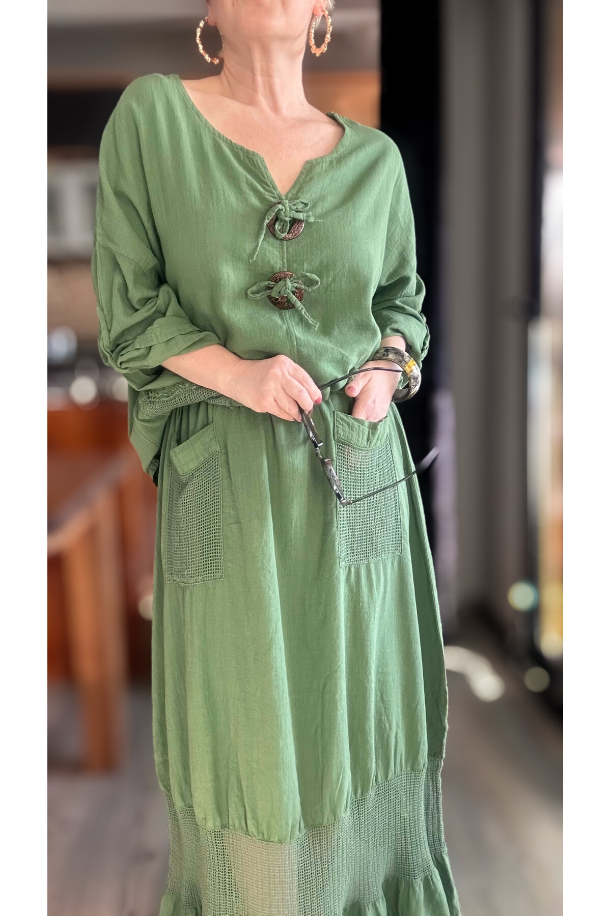 Pronto Vip Tasarım File Detay Etek Bluz Takım Haki Yeşil