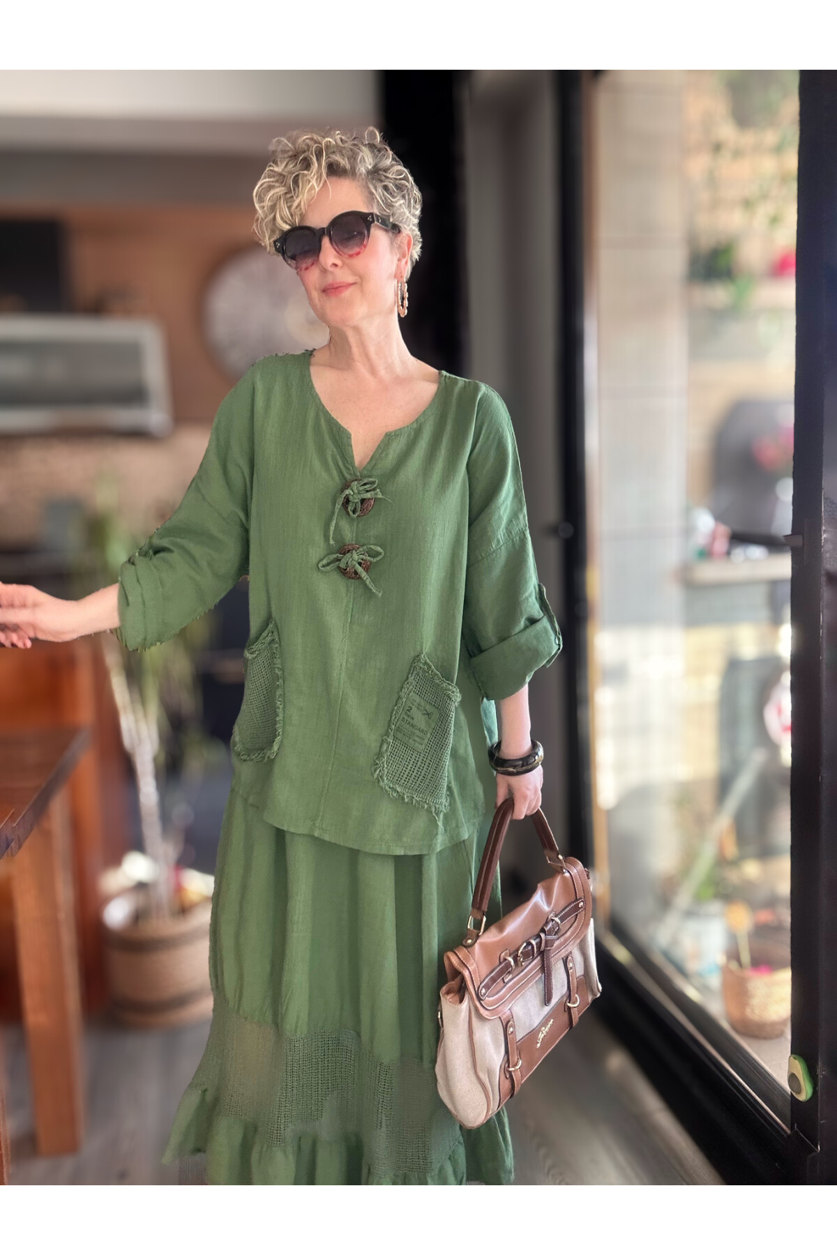 Pronto Vip Tasarım File Detay Etek Bluz Takım Haki Yeşil