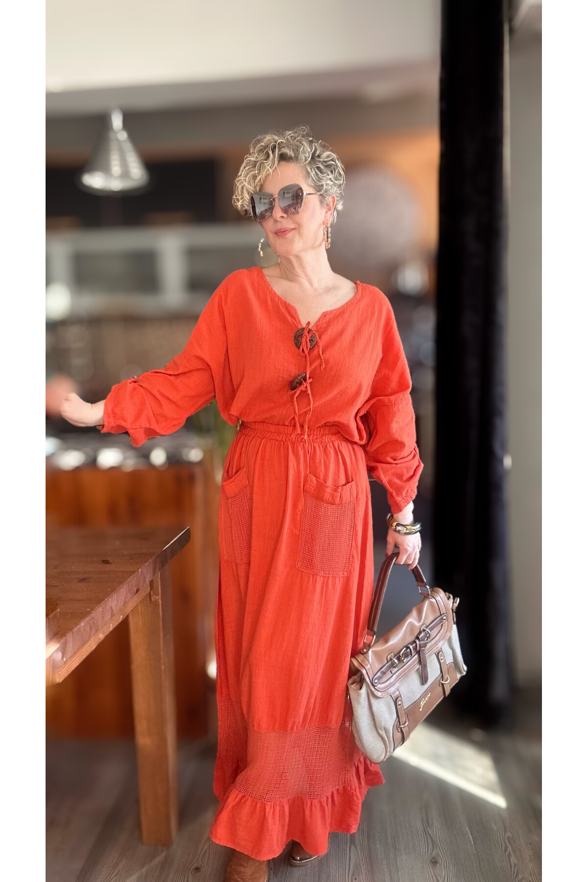 Pronto Vip Tasarım File Detay Etek Bluz Takım Kiremit