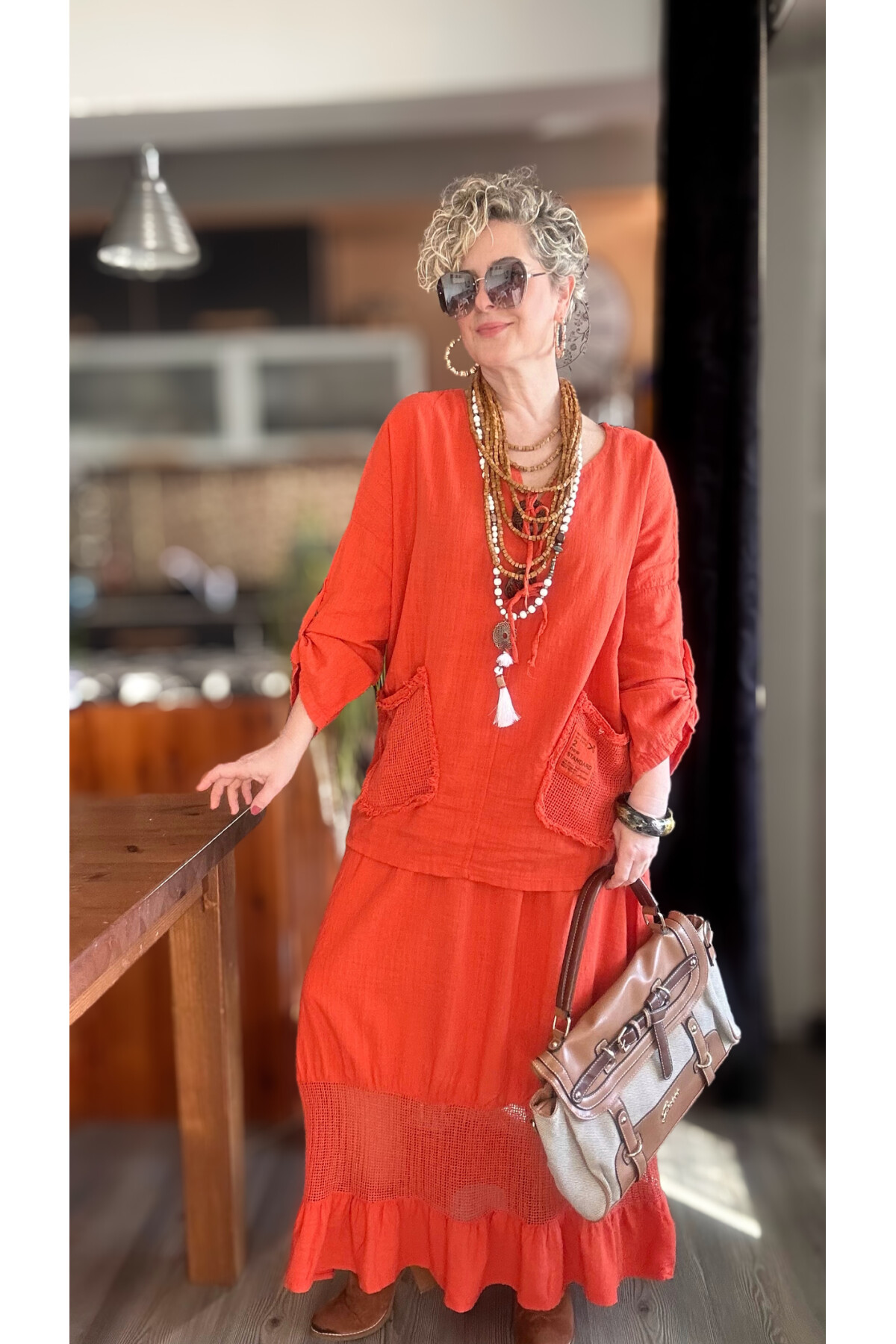 Pronto Vip Tasarım File Detay Etek Bluz Takım Kiremit