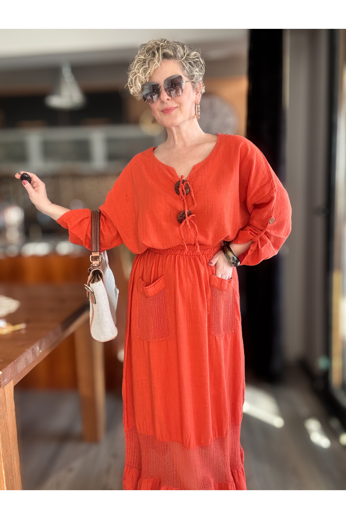 Pronto Vip Tasarım File Detay Etek Bluz Takım Kiremit