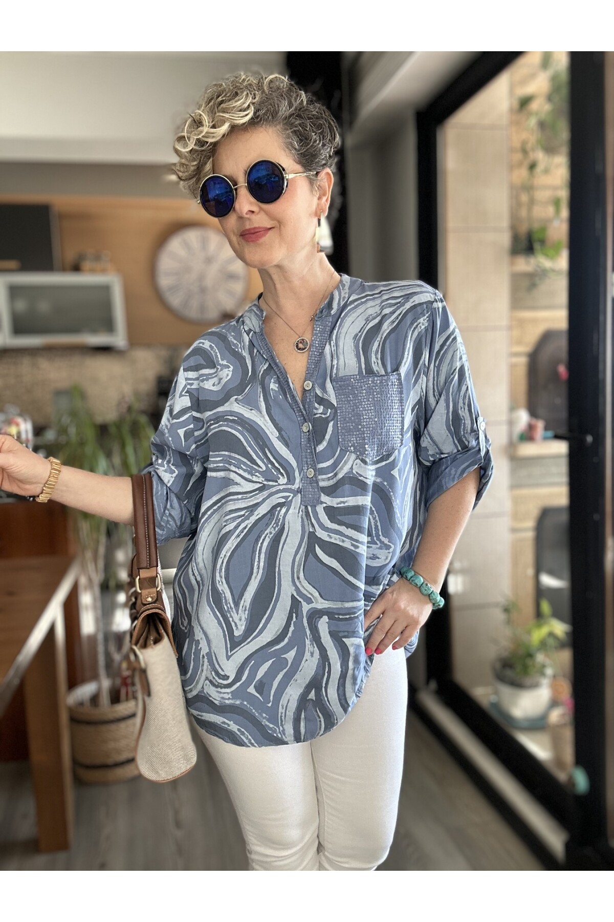 Racca Pul Detay İtalyan Batik Zambak Desen Gömlek Mavi