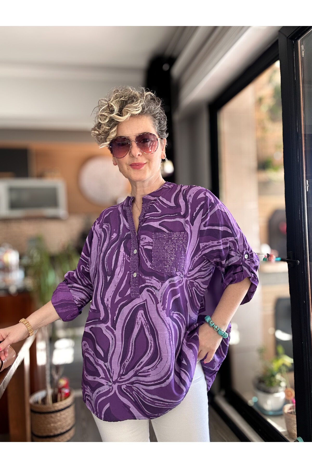 Racca Pul Detay İtalyan Batik Zambak Desen Gömlek Mor