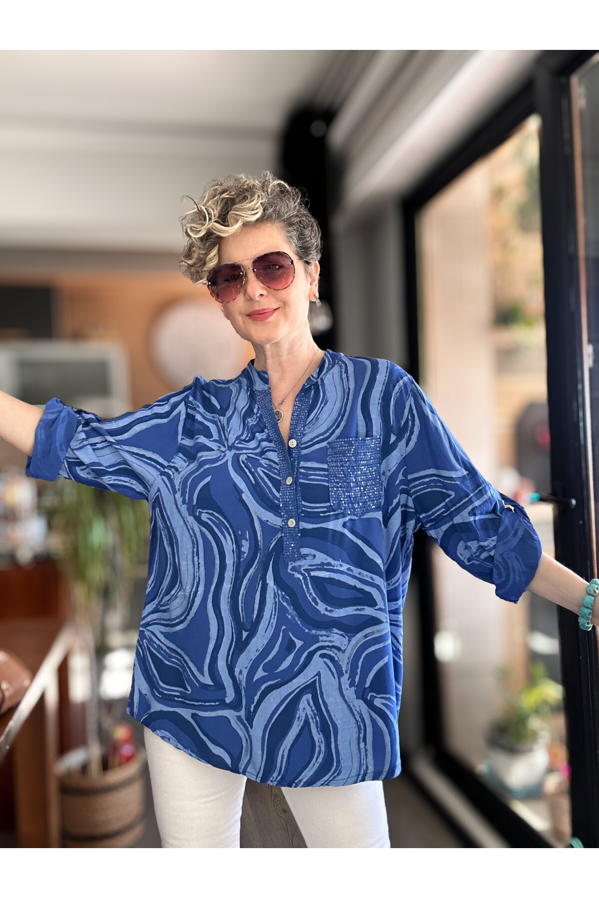 Racca Pul Detay İtalyan Batik Zambak Desen Gömlek Sax