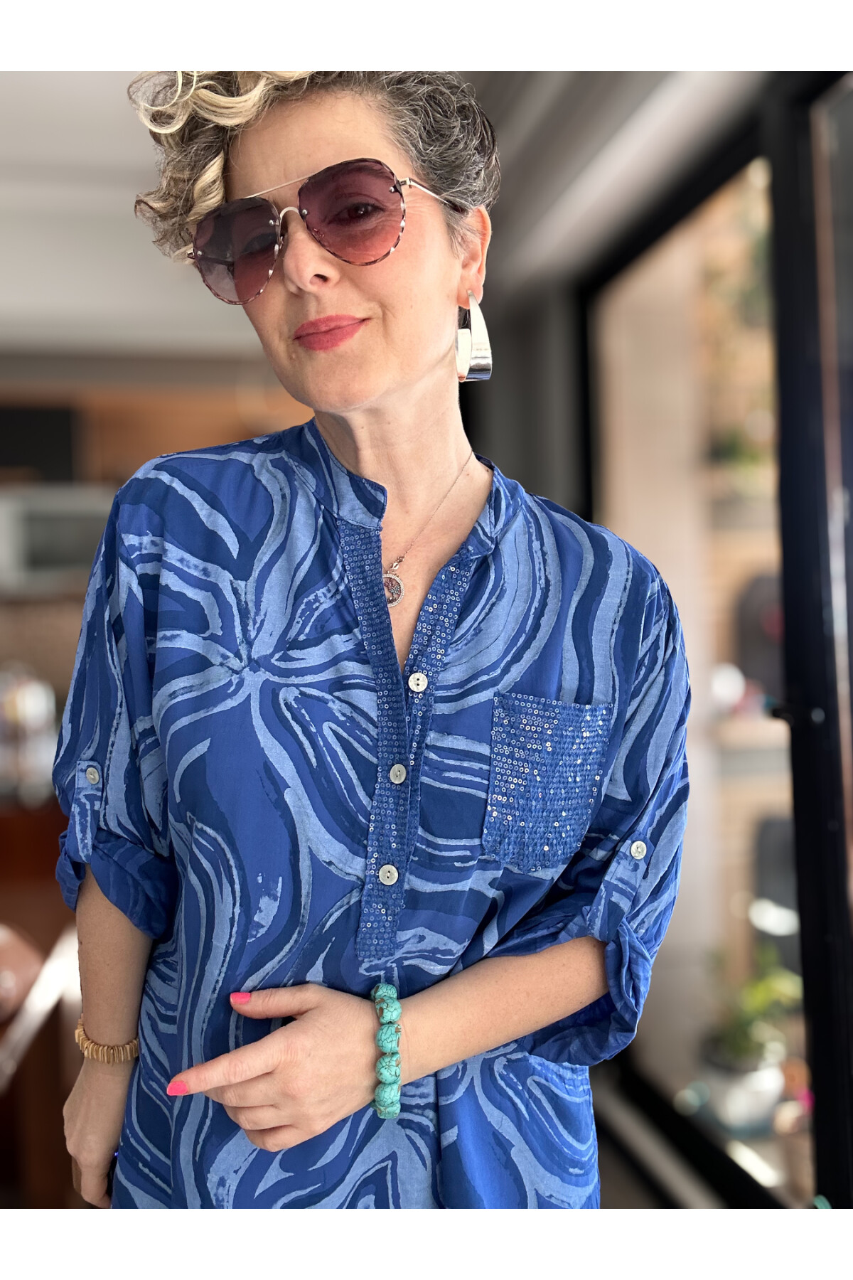 Racca Pul Detay İtalyan Batik Zambak Desen Gömlek Sax