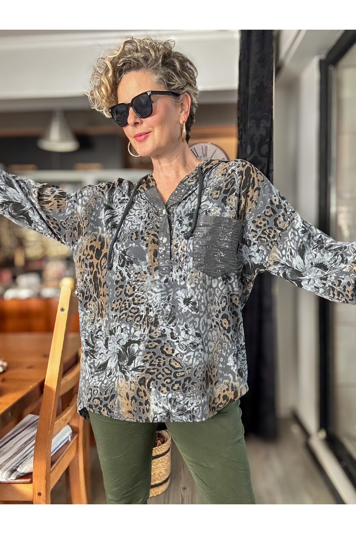 Rafa İtalyan Pul Detay Kapşonlu Gömlek Bluz Dark Grey