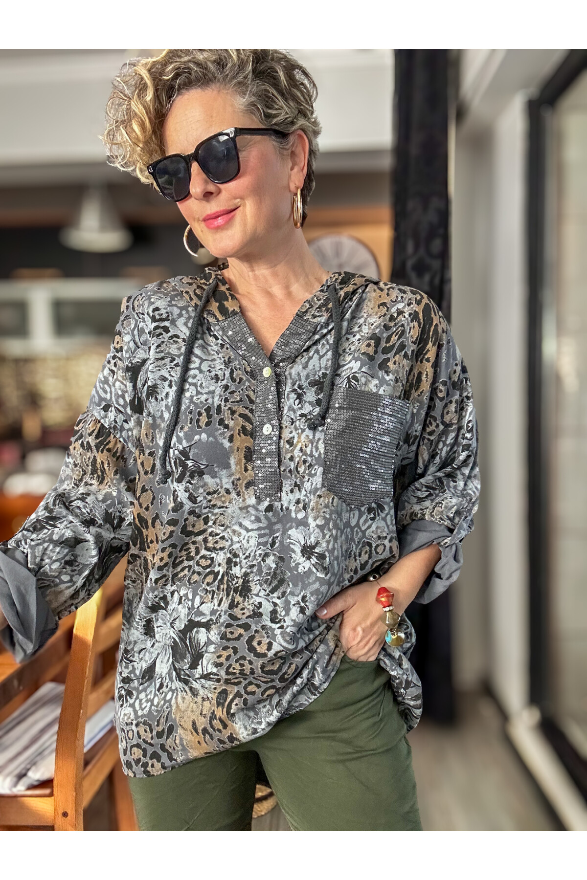 Rafa İtalyan Pul Detay Kapşonlu Gömlek Bluz Dark Grey