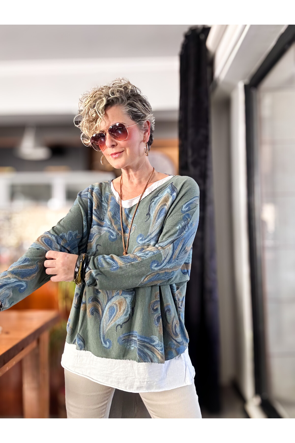 Raffa Yaprak Desen Kolyeli İtalyan Bluz Military