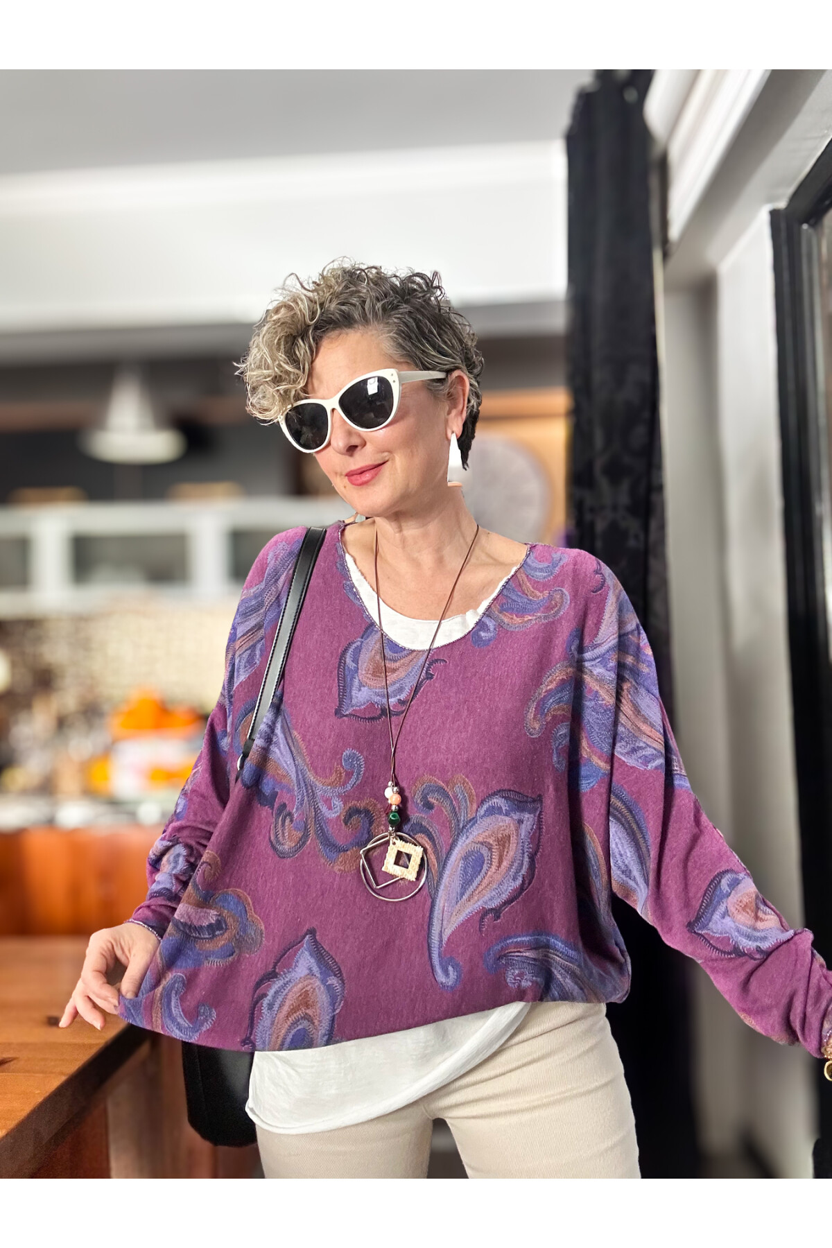 Raffa Yaprak Desen Kolyeli İtalyan Bluz Mor