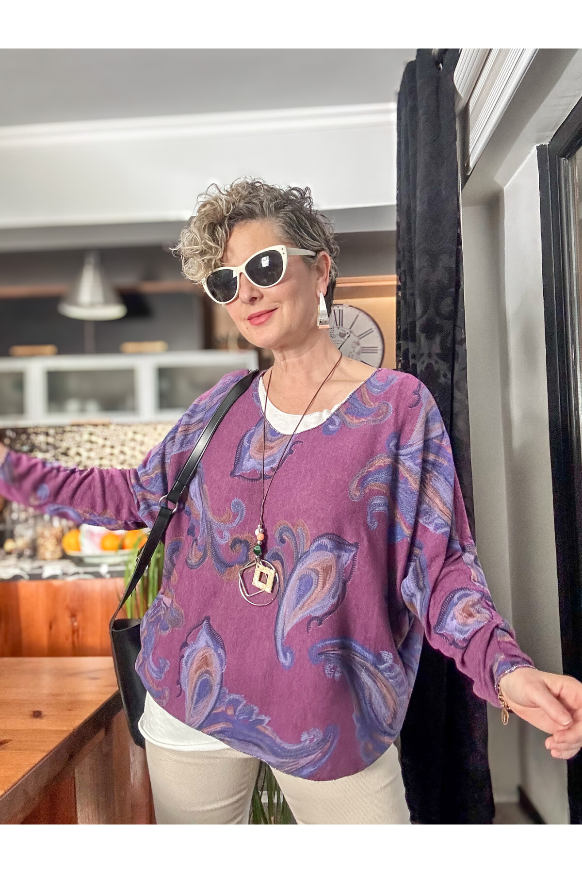 Raffa Yaprak Desen Kolyeli İtalyan Bluz Mor