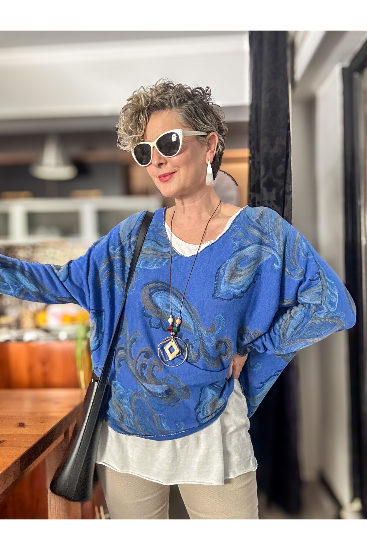 Raffa Yaprak Desen Kolyeli İtalyan Bluz Saks Mavi