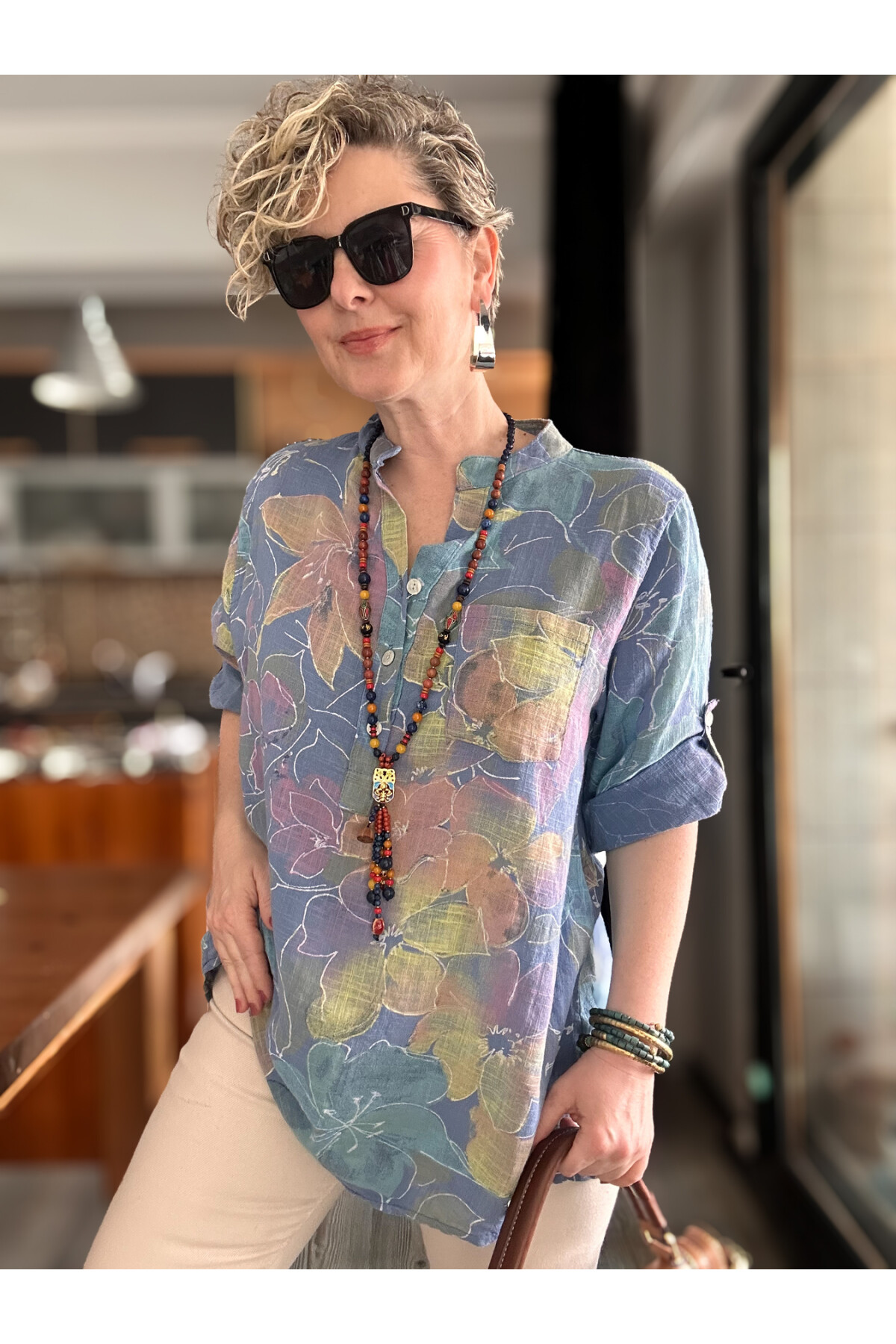 Ragazza Yaprak Desen İtalyan Gömlek Açık Mavi