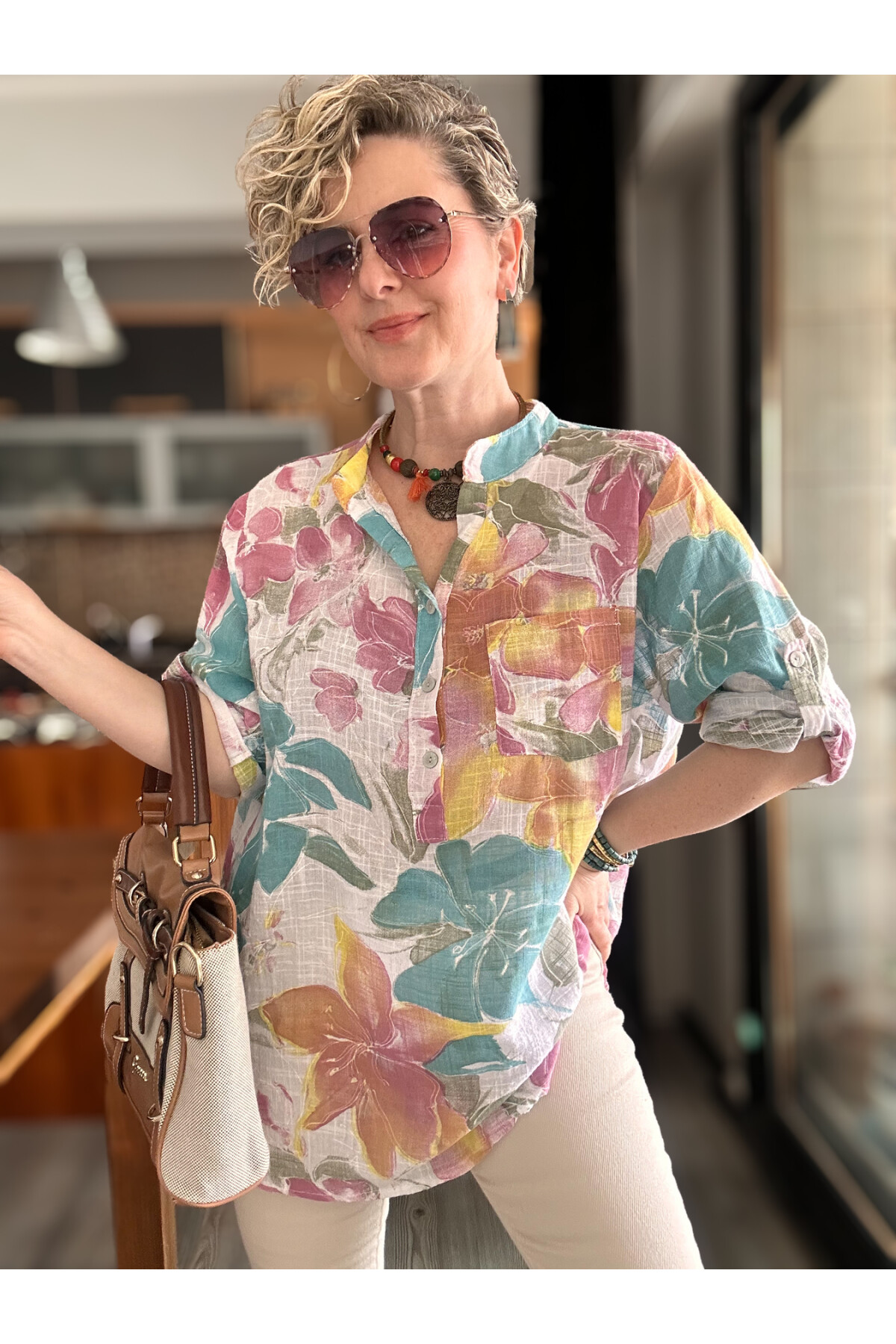 Ragazza Yaprak Desen İtalyan Gömlek Beyaz