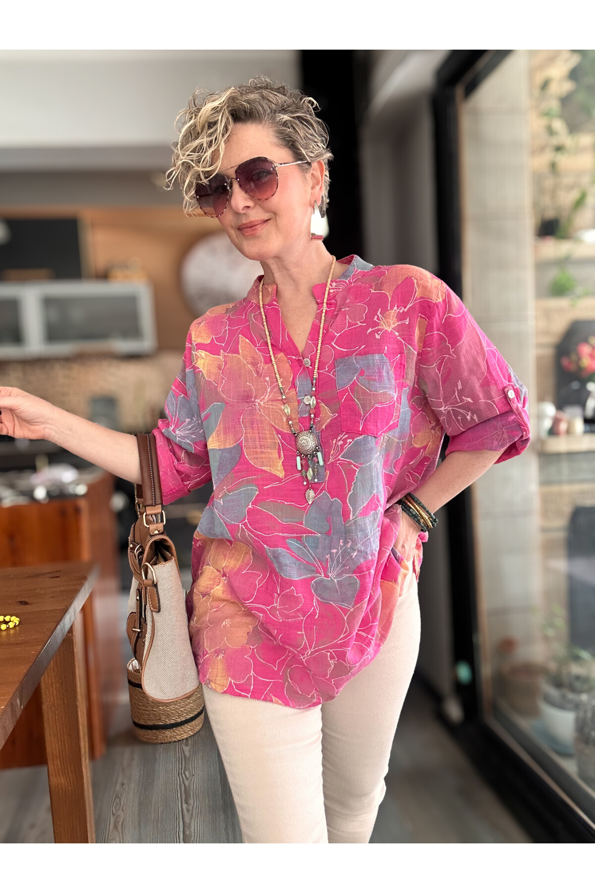 Ragazza Yaprak Desen İtalyan Gömlek Fuşya