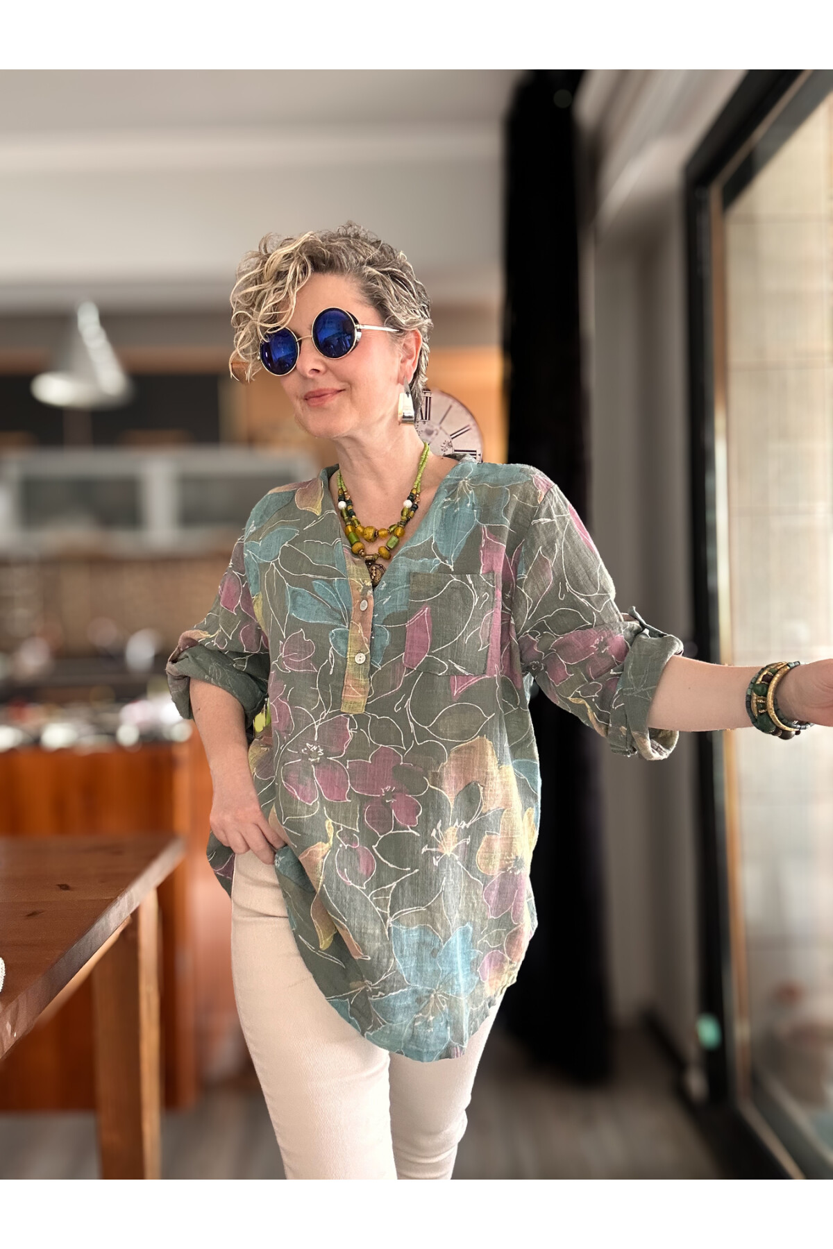 Ragazza Yaprak Desen İtalyan Gömlek Haki