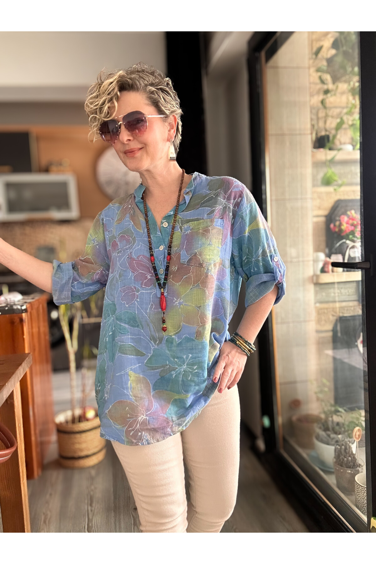 Ragazza Yaprak Desen İtalyan Gömlek İndigo