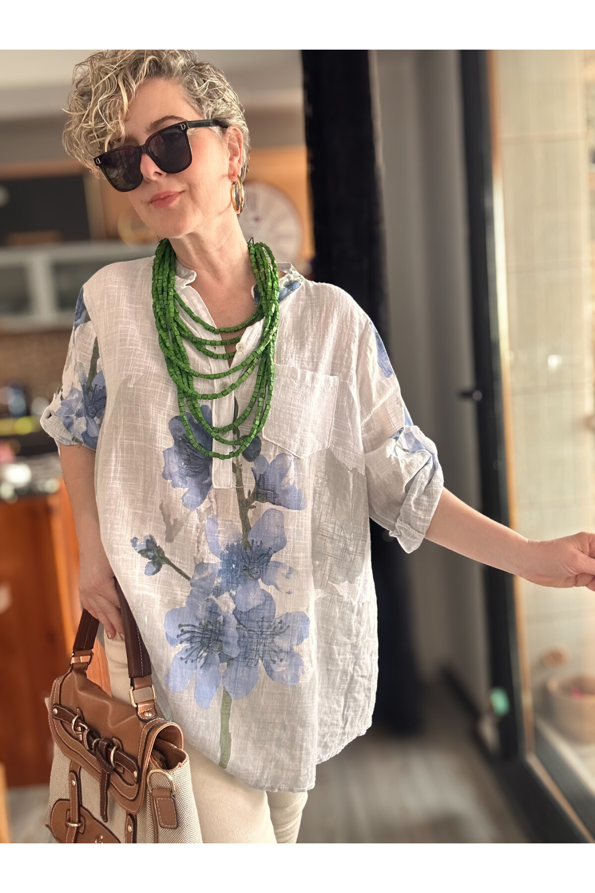 Randa Yaprak Desen İtalyan Gömlek Beyaz