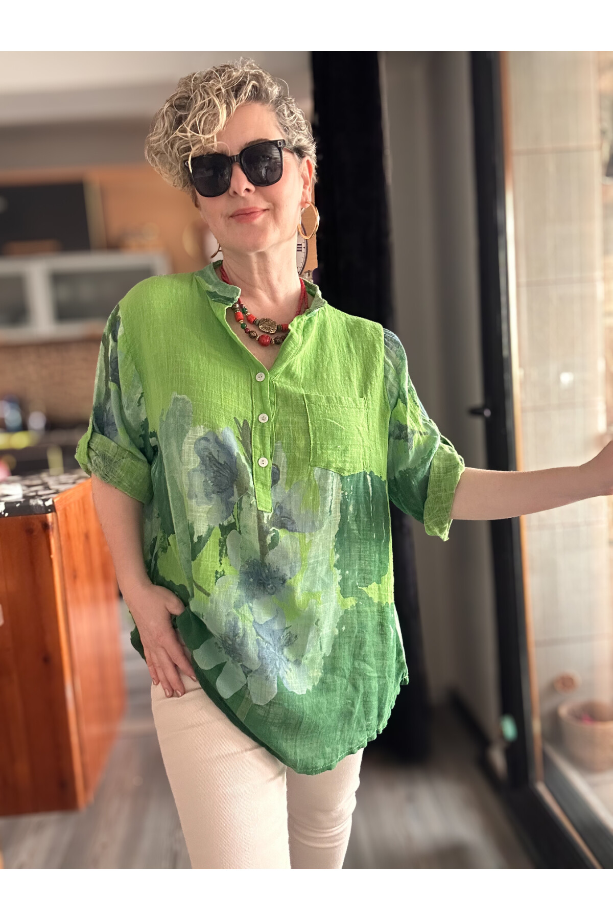 Randa Yaprak Desen İtalyan Gömlek Yeşil