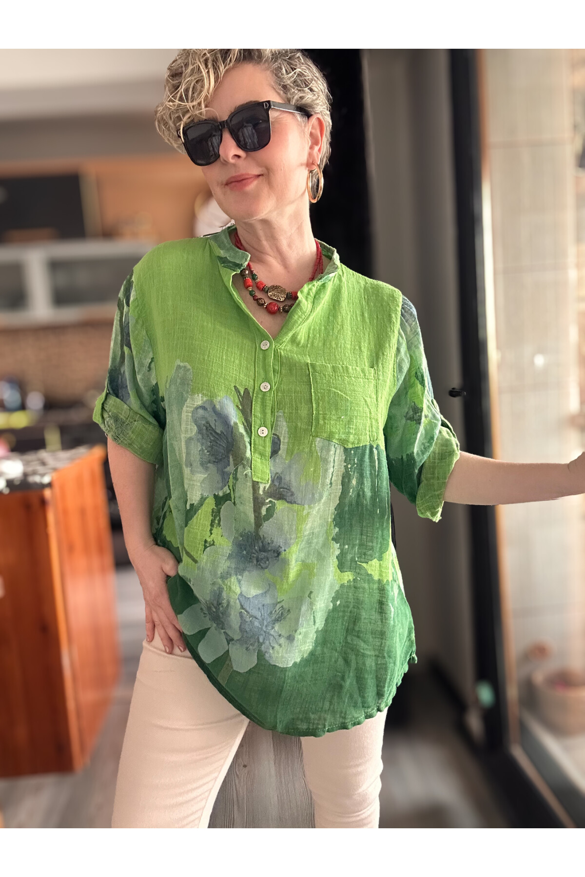 Randa Yaprak Desen İtalyan Gömlek Yeşil