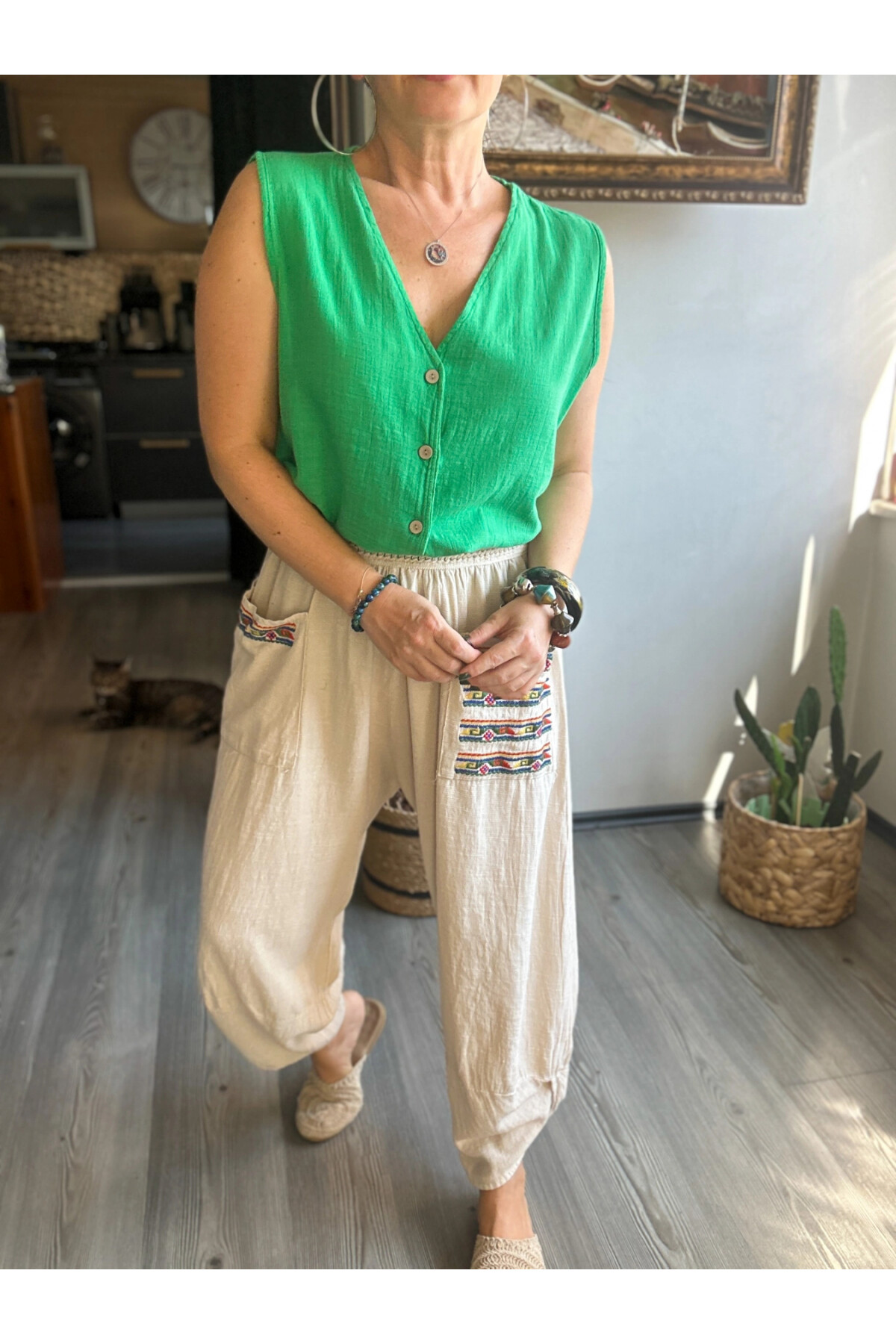 Ranna Cep Nakış Detay V Paça Pantolon Bej