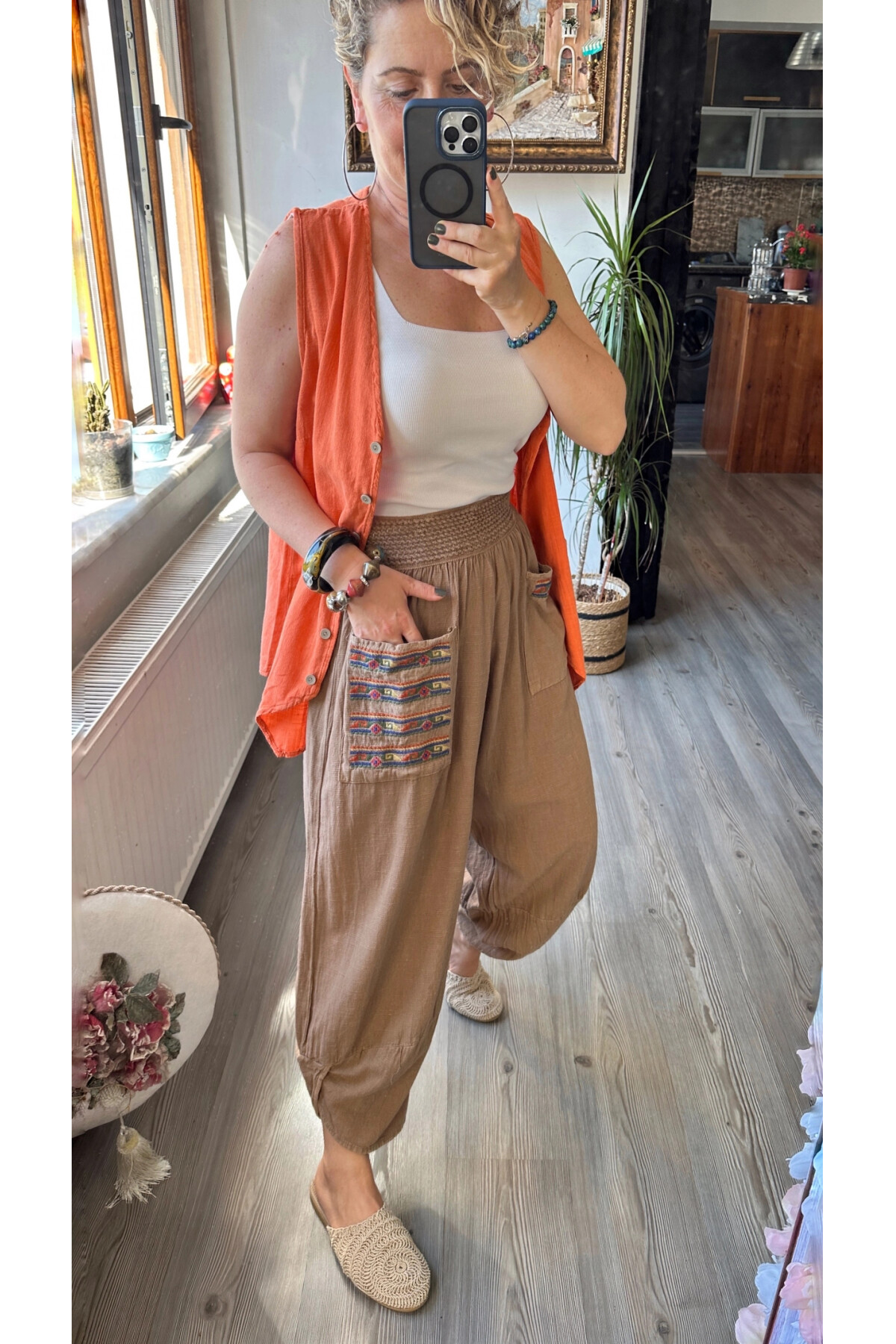 Ranna Cep Nakış Detay V Paça Pantolon Kahve