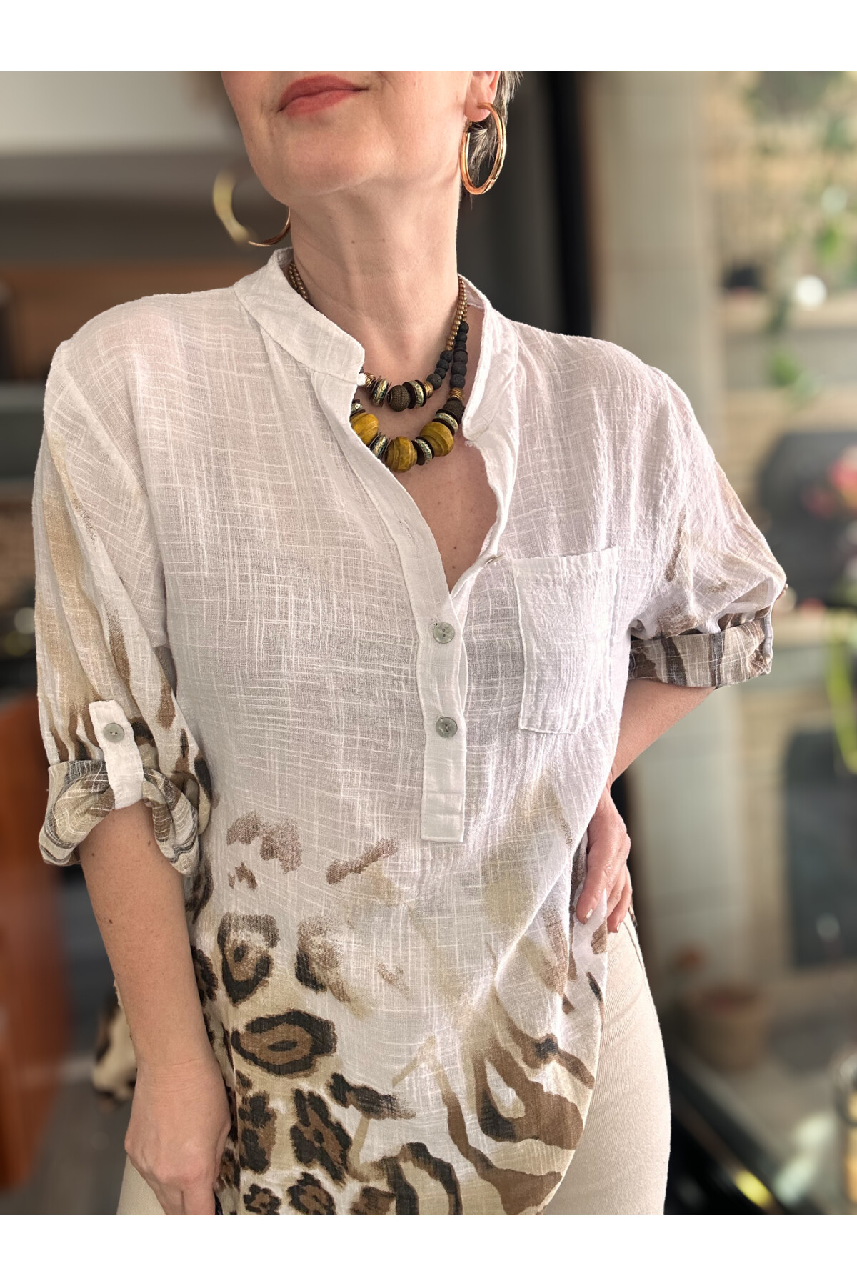 Rassi Leopar Desen İtalyan Gömlek Beyaz