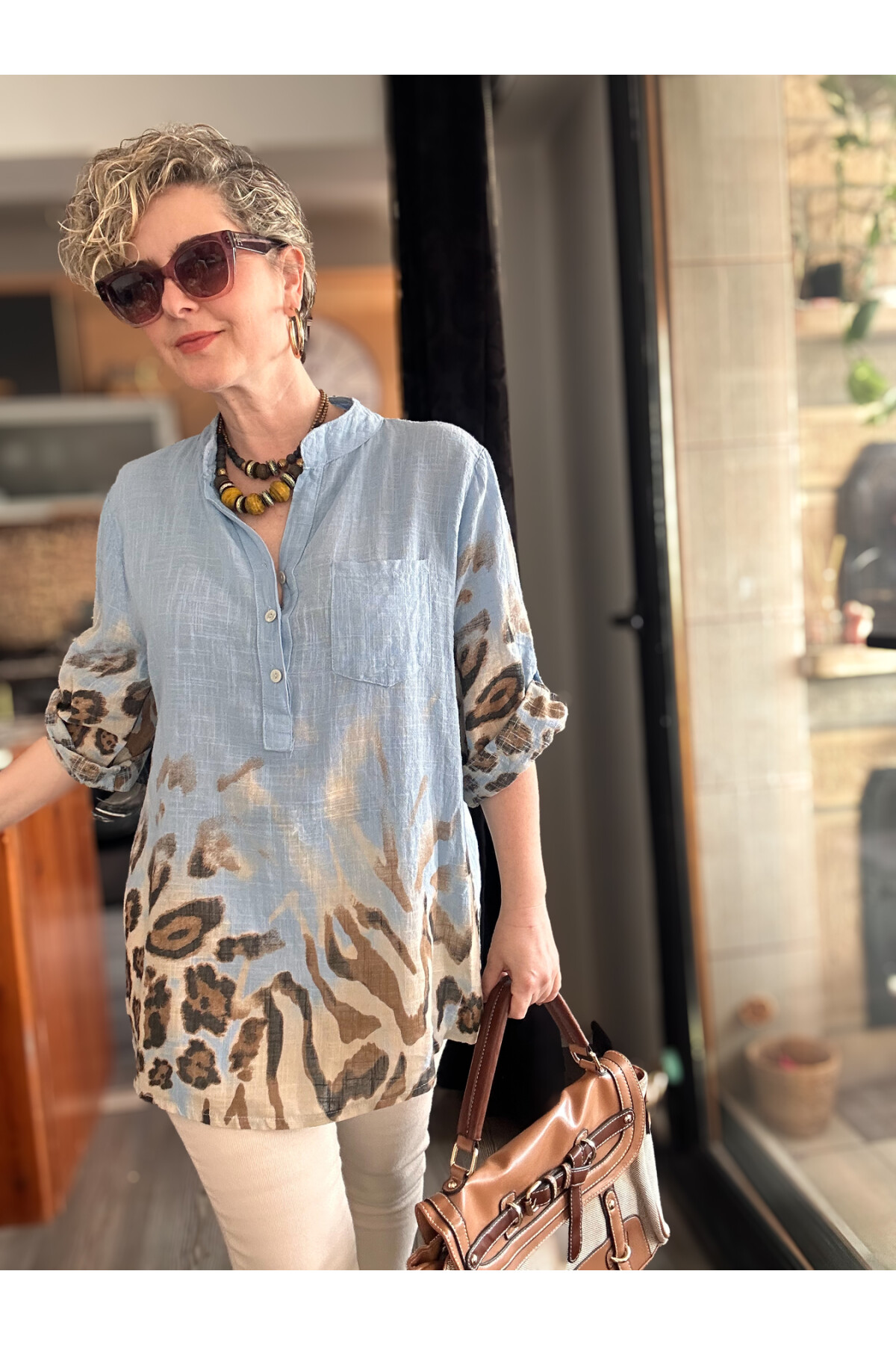 Rassi Leopar Desen İtalyan Gömlek Mavi