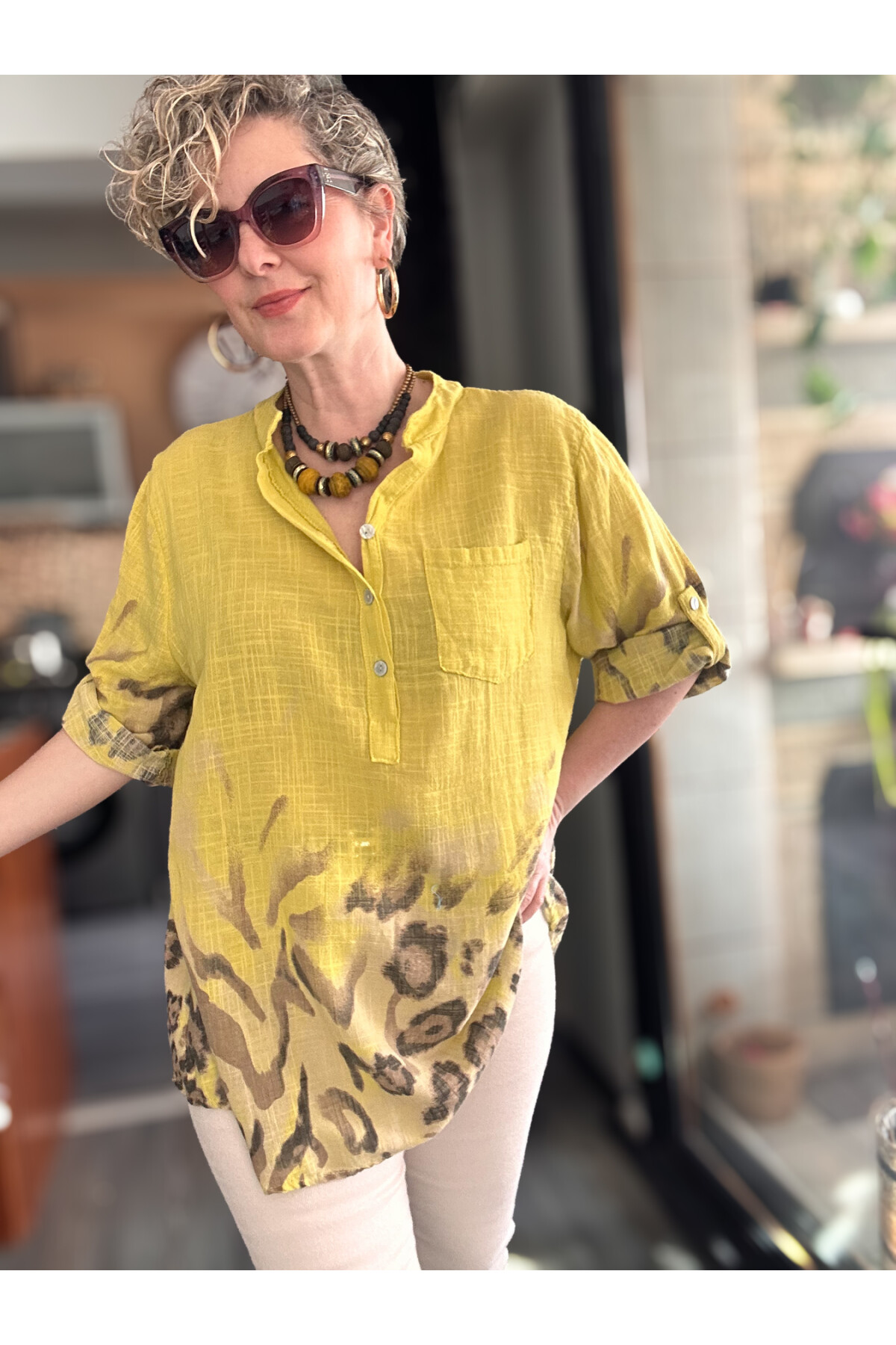 Rassi Leopar Desen İtalyan Gömlek Sarı